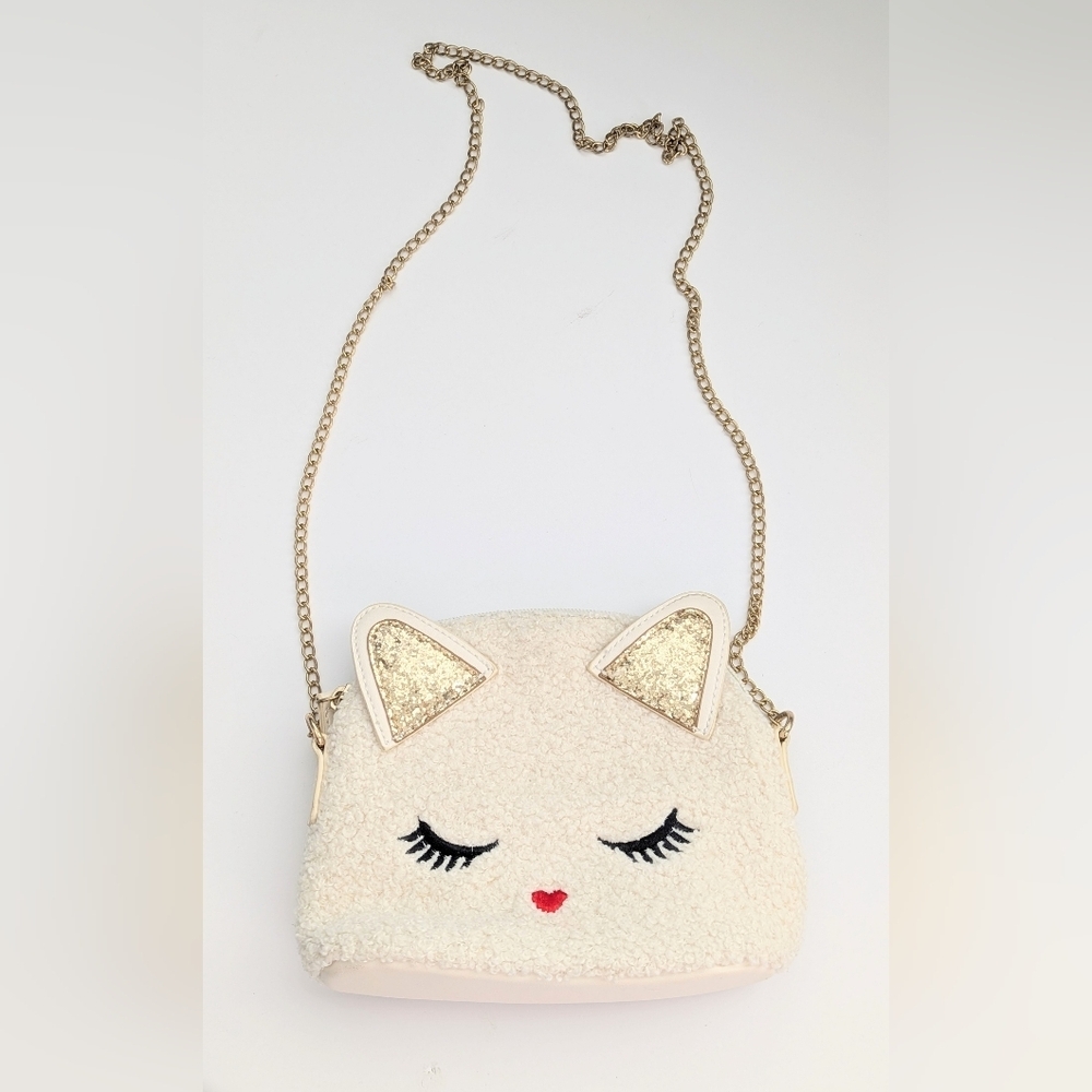 Adorable Girls' Cream Cat Face Crossbody Bag/Purse w/Gold Sequins & Chain